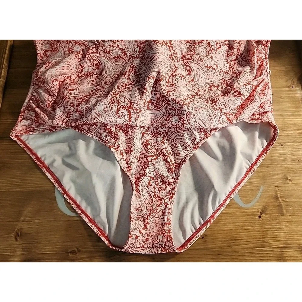 Denim & Co Beach Pink & White Surplice Paisley‎ One Piece Swimsuit Size 24